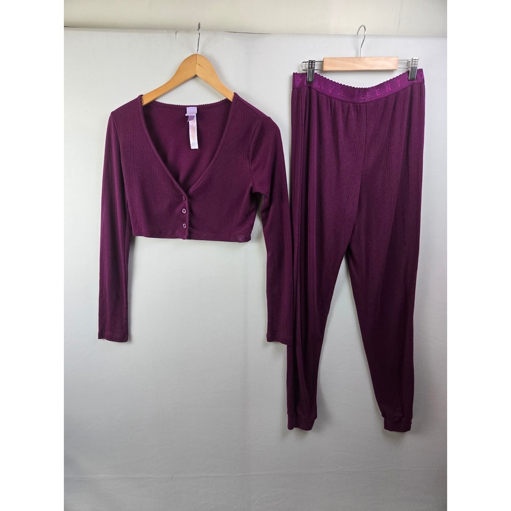 Savage X Fenty Purple Pointelle Ribbed Crop Cardigan & Jogger Lounge Set Small
